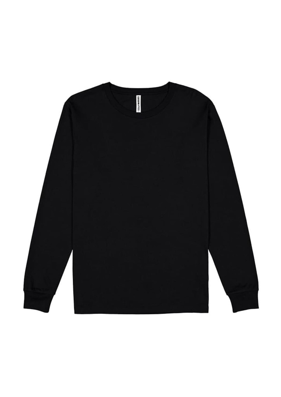 A black long sleeve T-shirt featuring a crew neckline and fitted cuffs. It has a logo on the label.