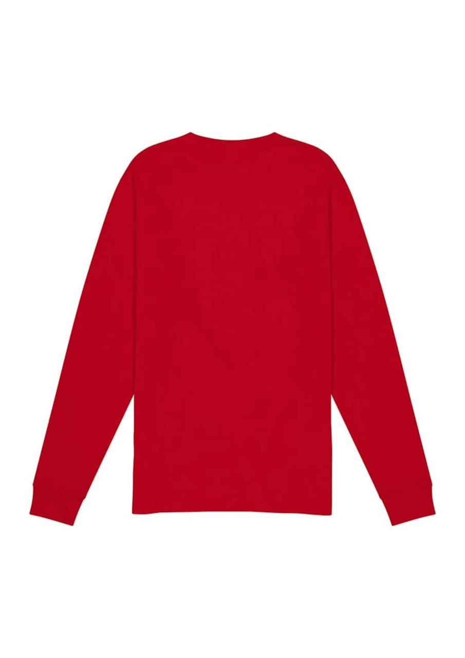 A red long sleeve men's tee featuring a plain back design and fitted sleeves. It includes a logo.