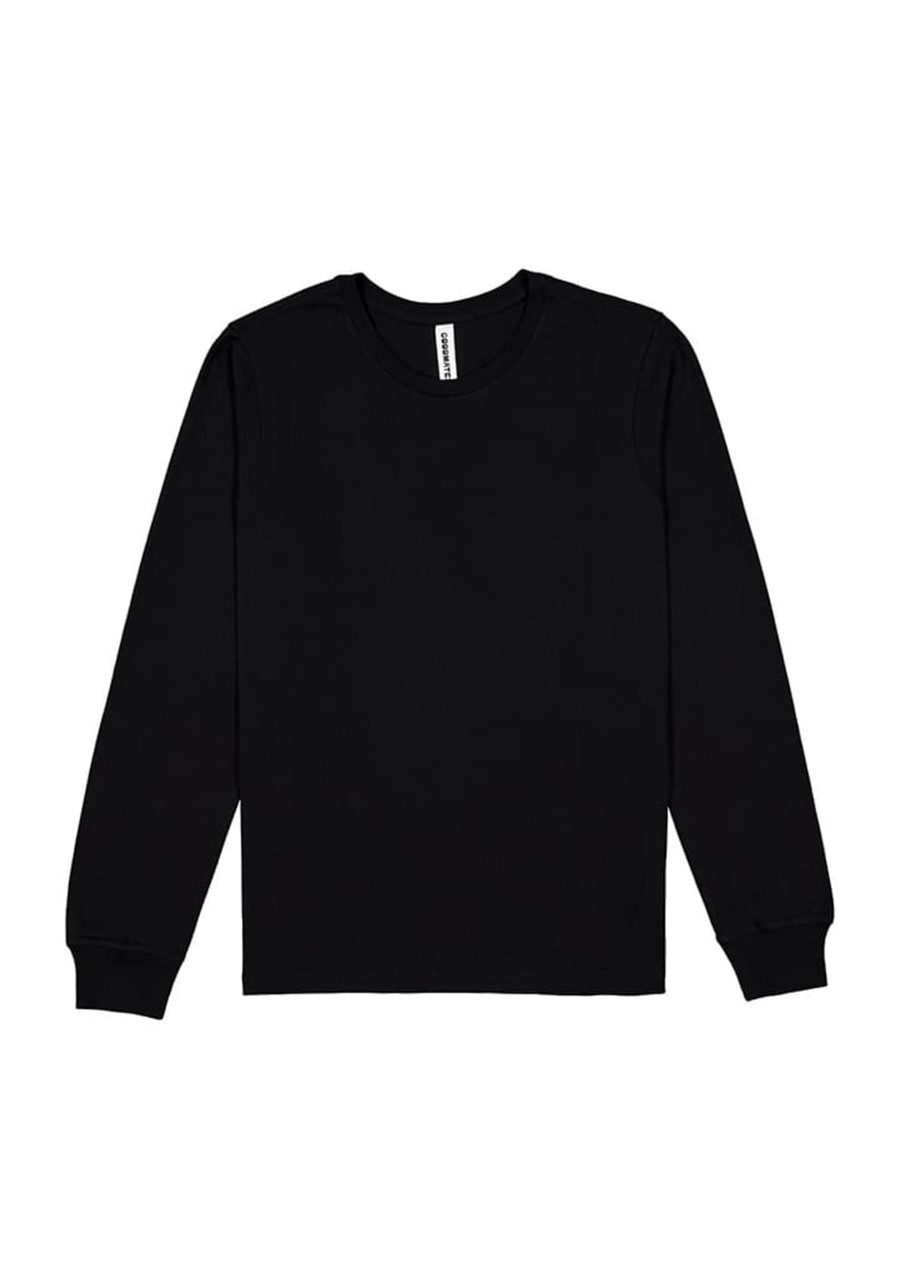 A black long sleeve tee with a round neckline and a logo on the label. Ideal for casual wear.
