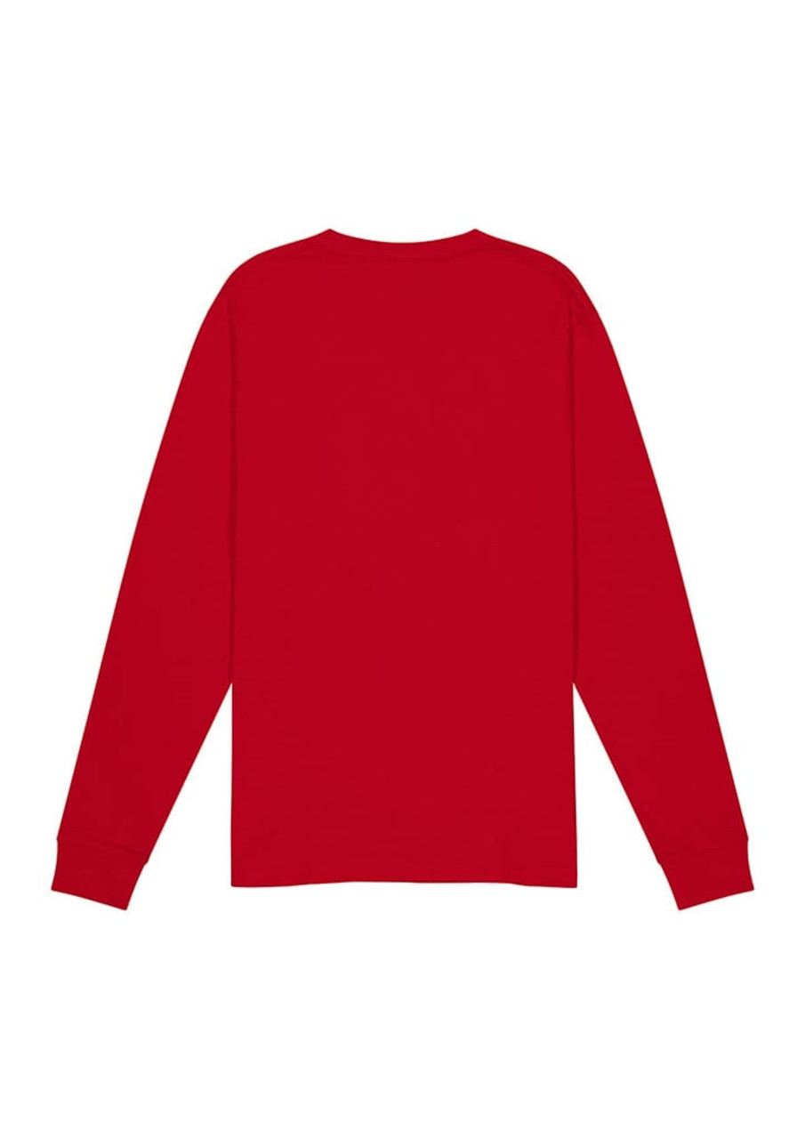 A long sleeve tee in bright red, featuring a plain back and fitted sleeves. It has a logo on the tag.