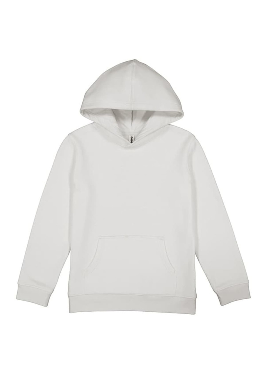 A white kids' hoodie featuring a front pocket and a drawstring hood. The hoodie includes a logo.