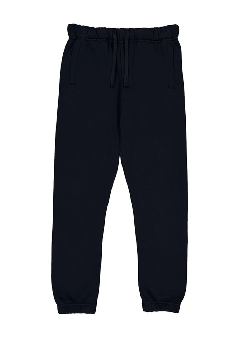 A pair of navy track pants featuring an elastic waistband and cuffs, with pockets on the sides and a logo.