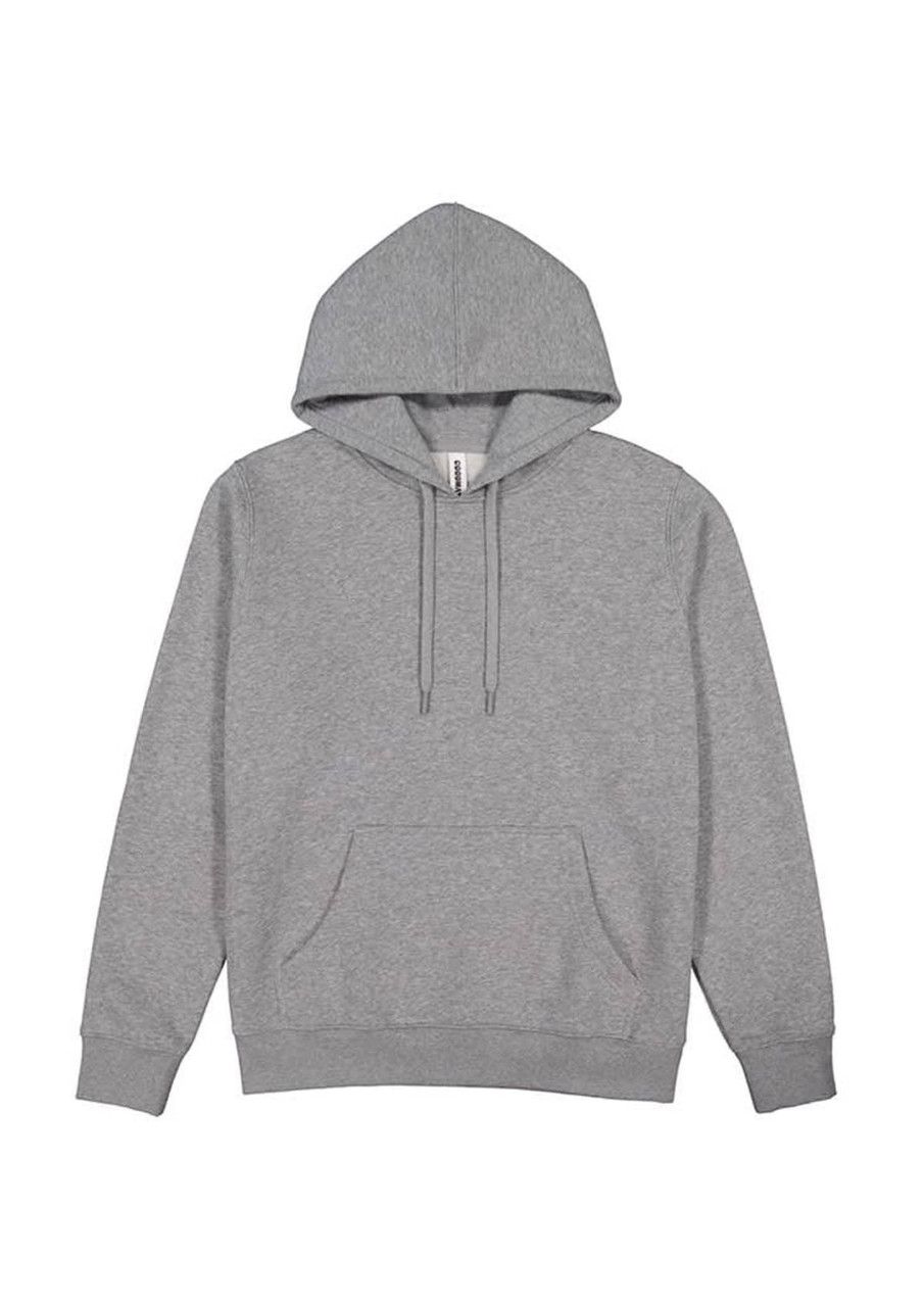 A grey women's hoodie featuring a kangaroo pocket and a drawstring hood, with branding present.