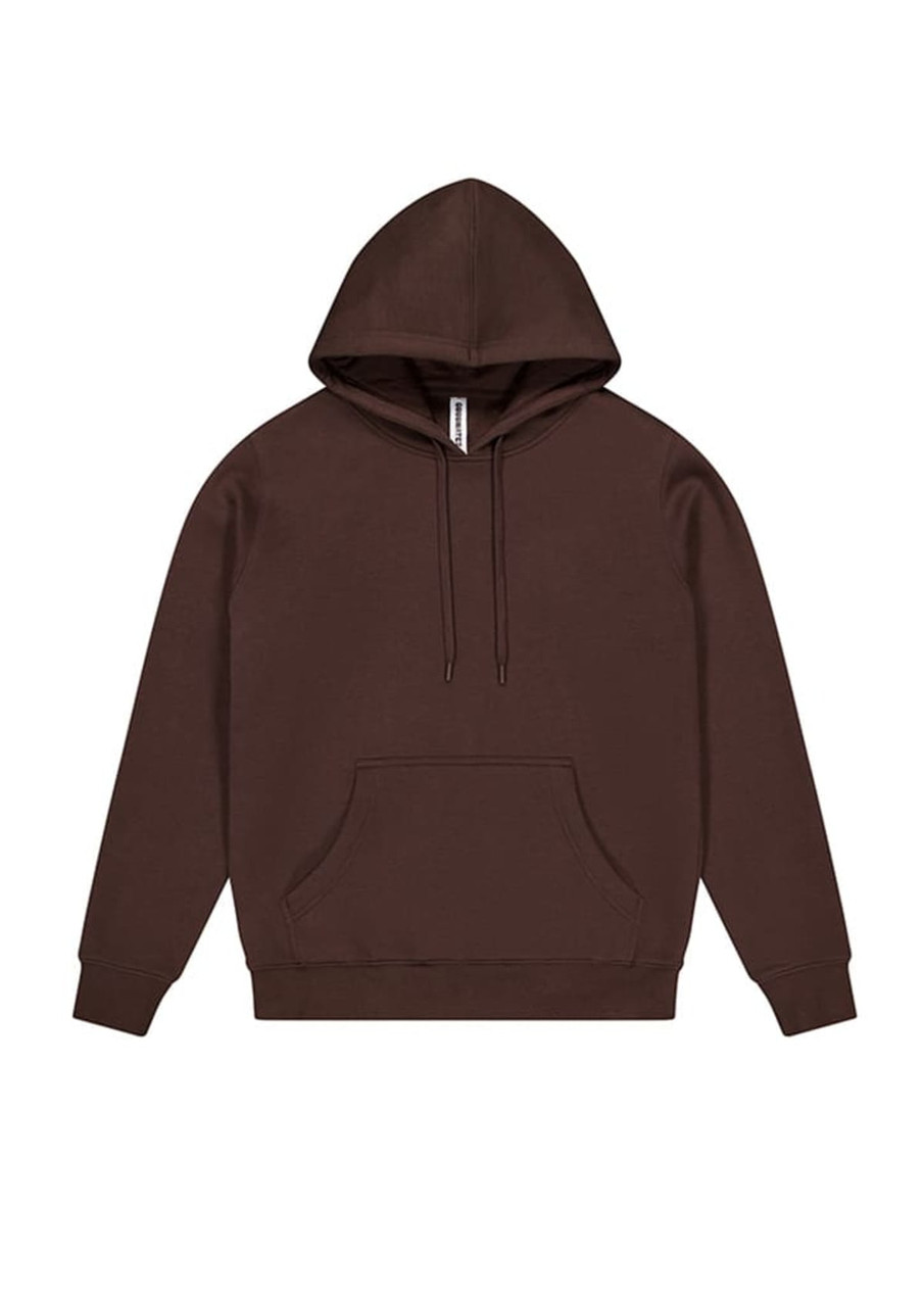A brown women's hoodie featuring a front pocket and a drawstring hood. The hoodie has a simple design with a logo.