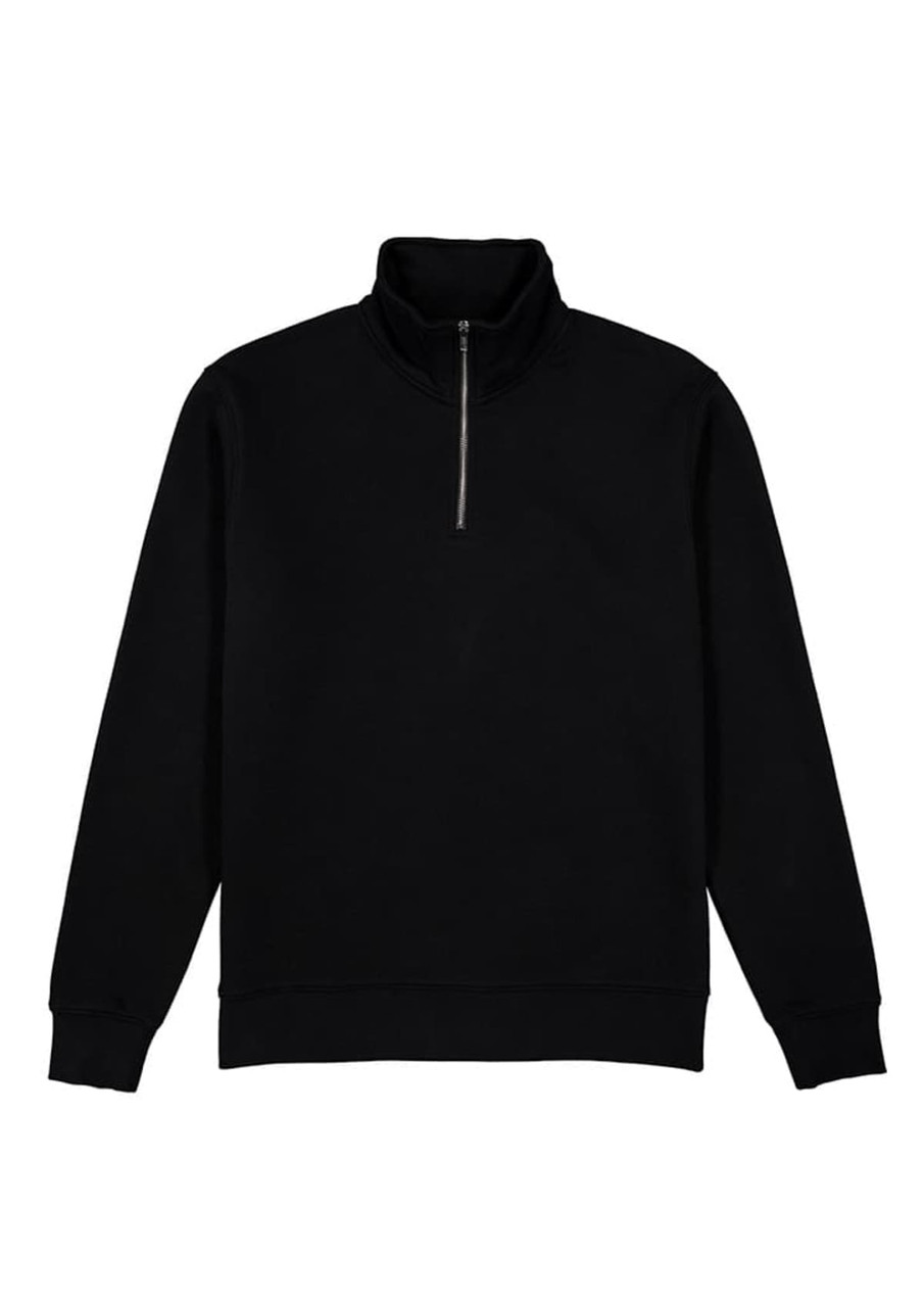 A black men's 1/4 zip jumper featuring a high collar and long sleeves, with a small zip at the front.