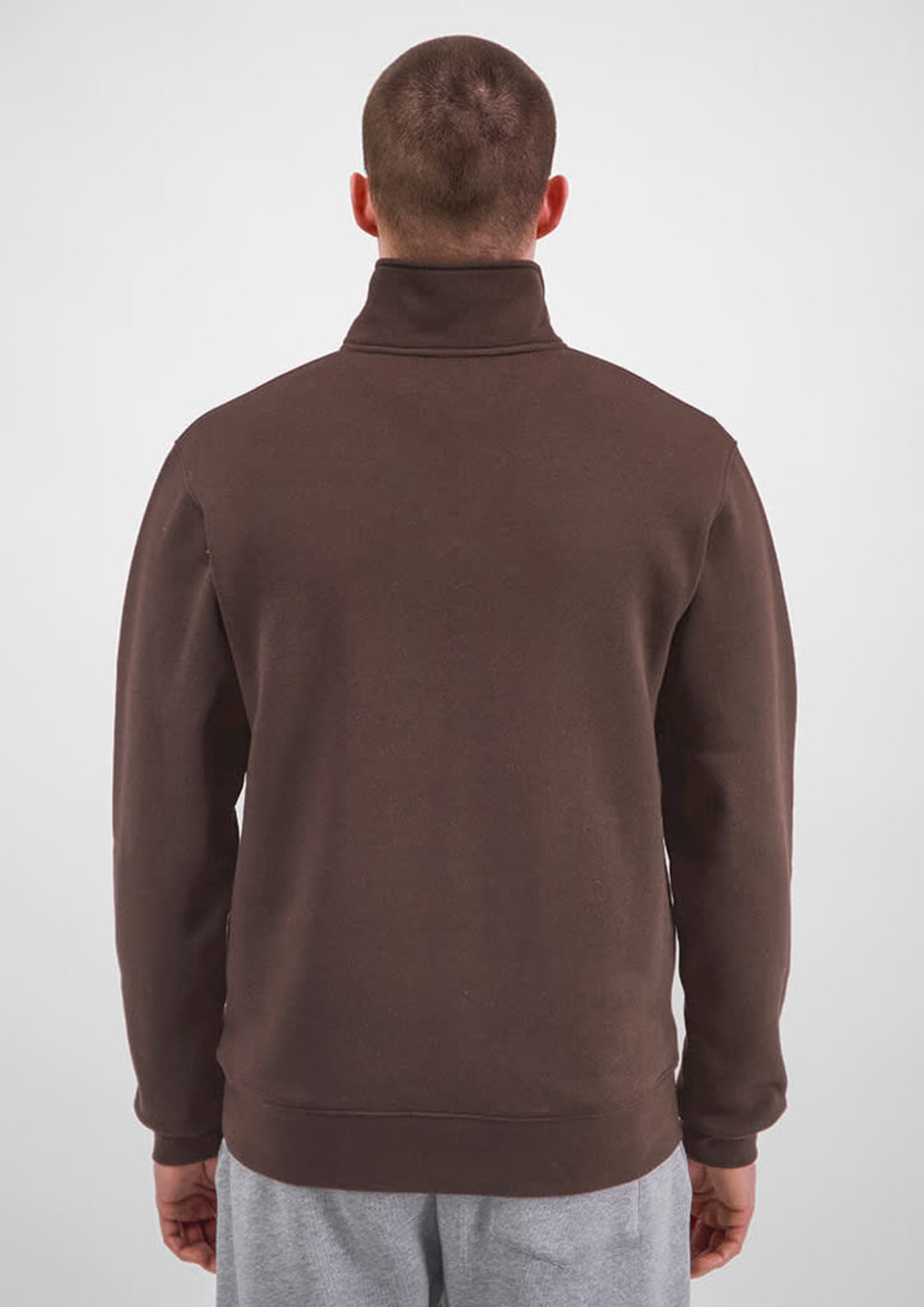 A brown men's 1/4 zip jumper featuring a high collar and ribbed cuffs. The back view is displayed.