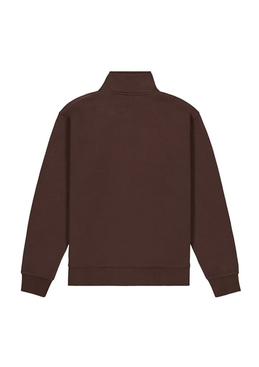 A brown men's jumper with a 1/4 zip, featuring a high collar and long sleeves. The back is plain and unadorned.