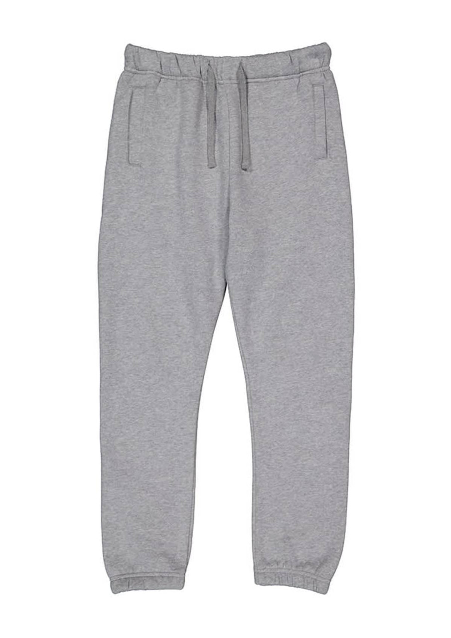 A pair of grey track pants with an elastic waistband and pockets, featuring a logo.