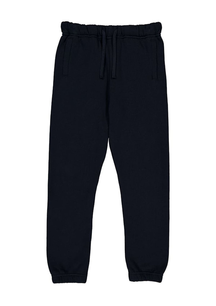 A pair of navy track pants featuring an elastic waistband and cuffs, with pockets on the sides and a logo.