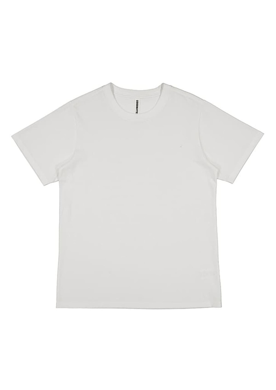A white women's short sleeve tee with a simple design and a small logo.