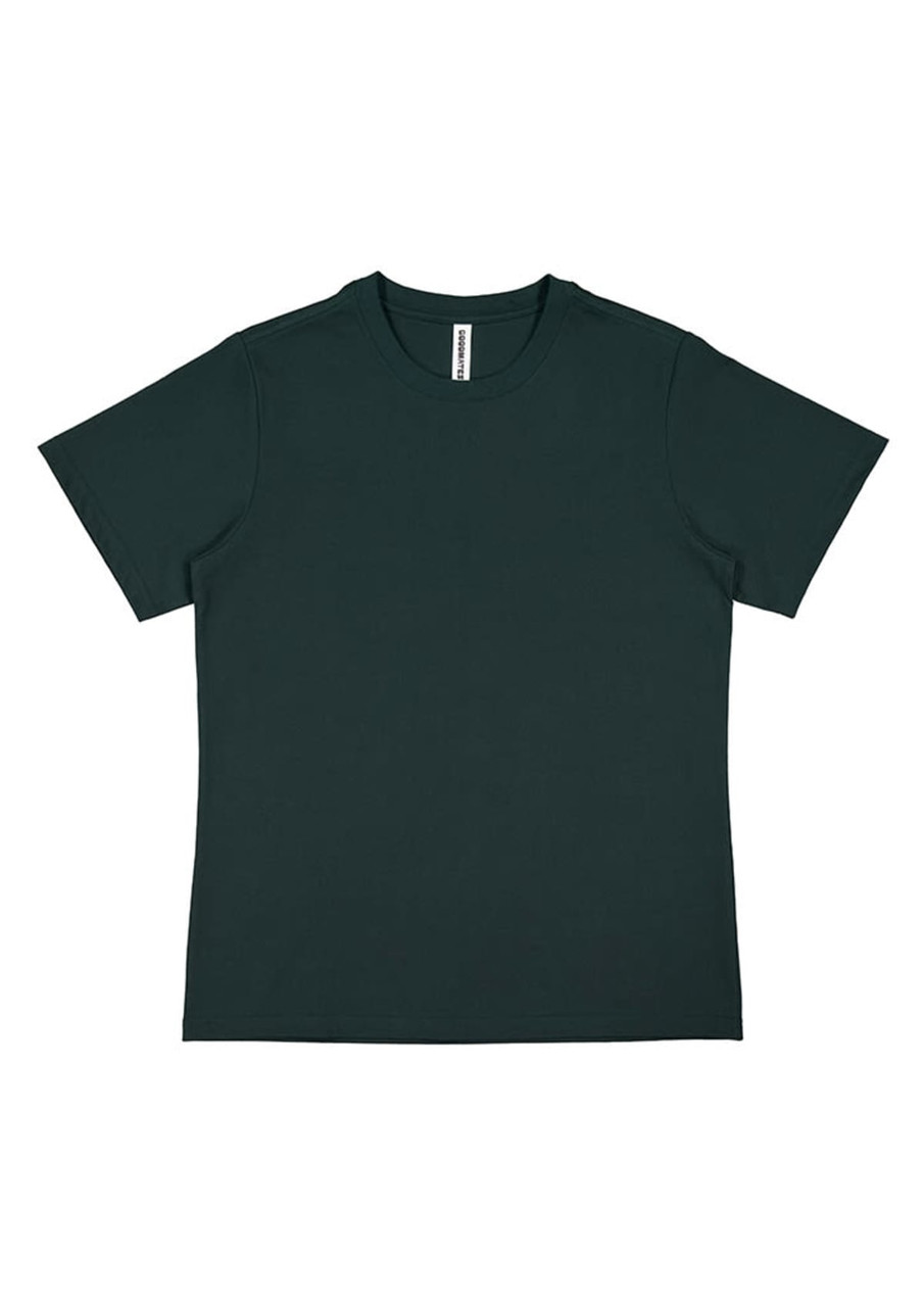 A women's short sleeve tee in dark green, featuring a simple design and a label at the neckline.