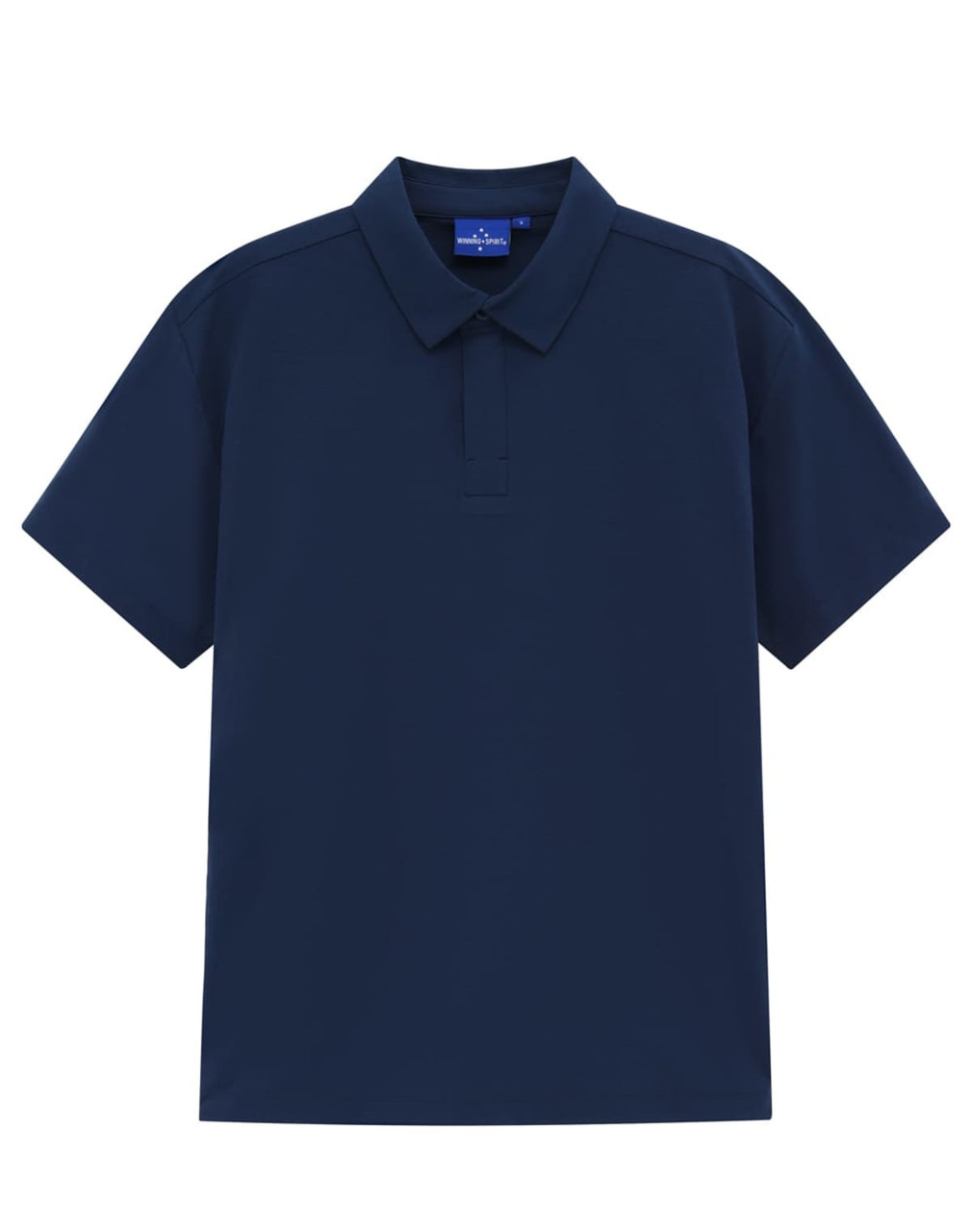 A navy blue men's polo shirt with a collar and short sleeves, featuring a logo on the chest area.