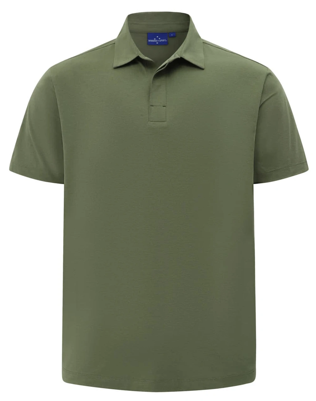 A short-sleeved polo shirt in olive green, featuring a collar and a logo on the chest.