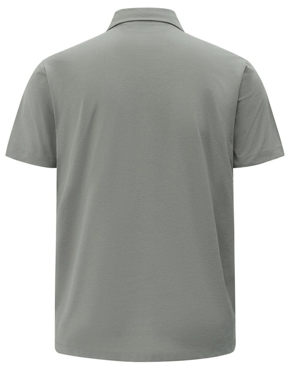 A grey men's polo shirt featuring a collar and short sleeves, displaying a simple design with a logo.