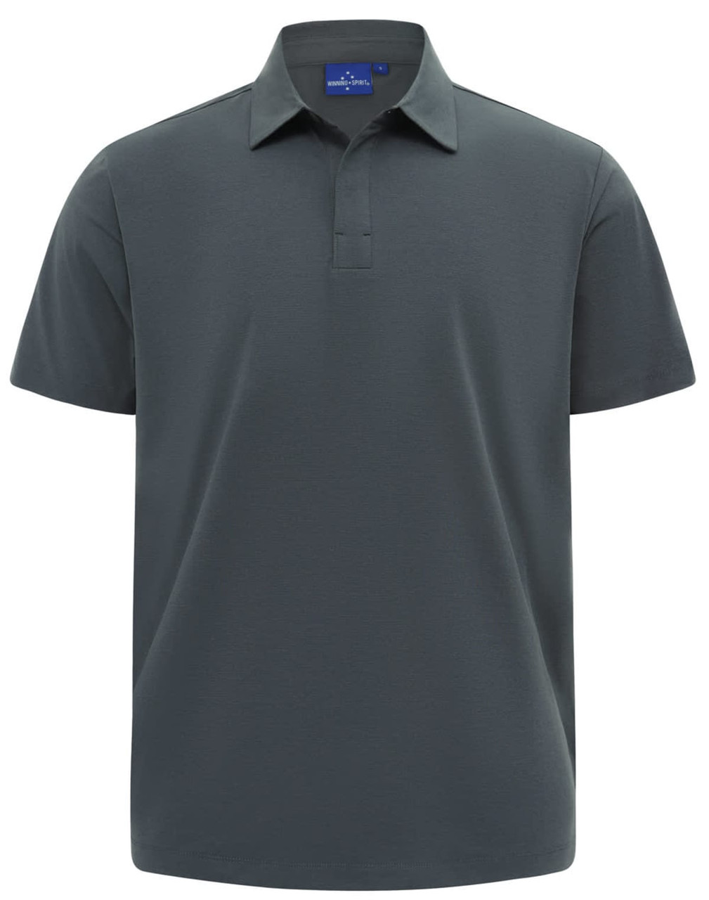 A men's short-sleeve polo in dark grey with a collar and a logo. Made from high-performance graphene fabric.