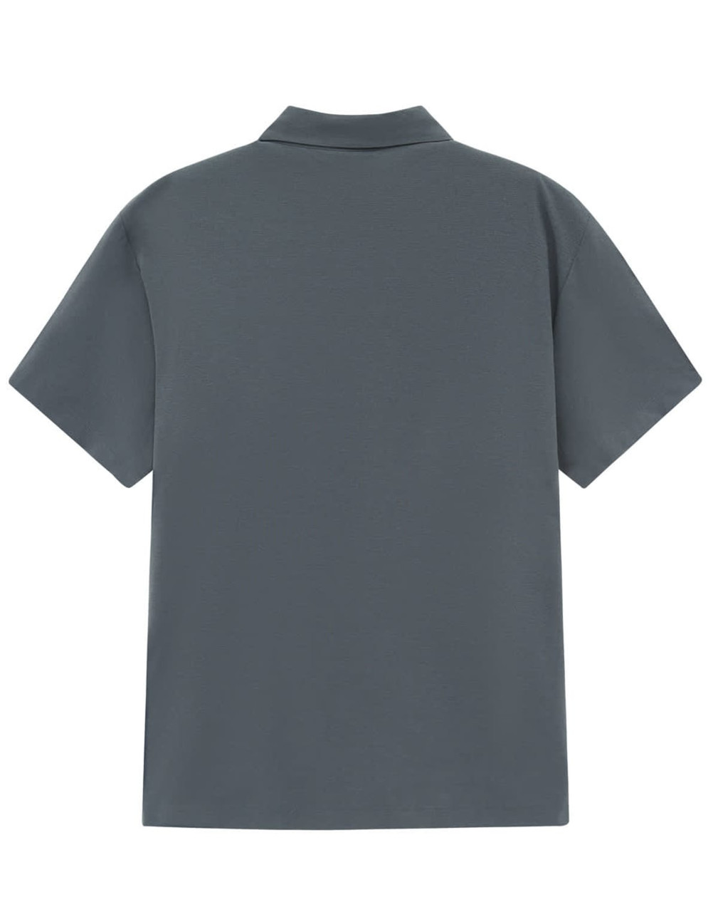 A grey men's polo shirt with a classic collar and short sleeves, featuring a logo on the back.
