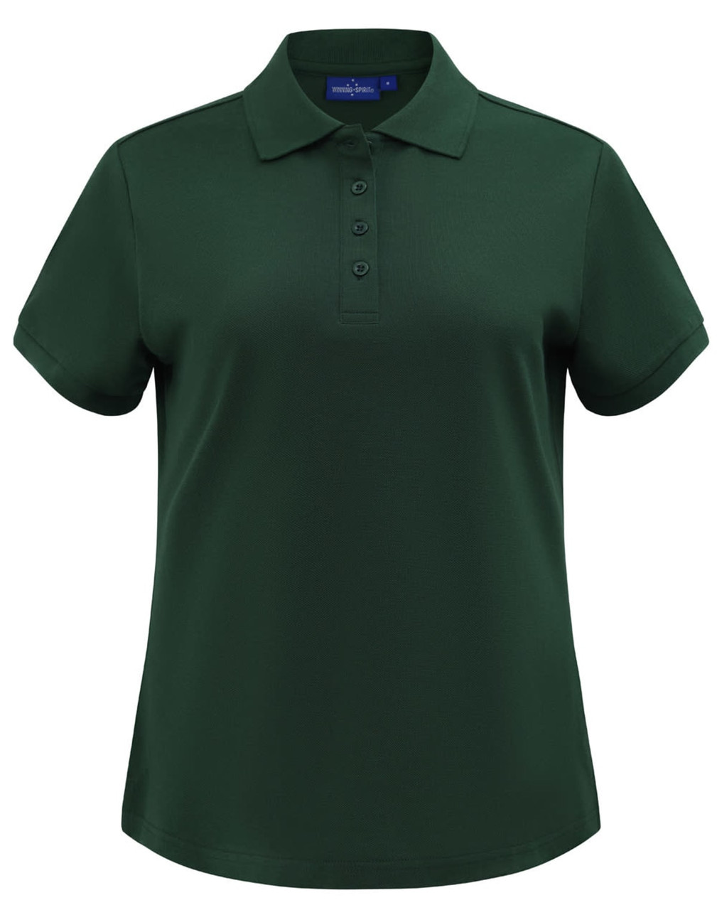 A dark green women's short-sleeve polo shirt with a collar and buttons, featuring a logo.