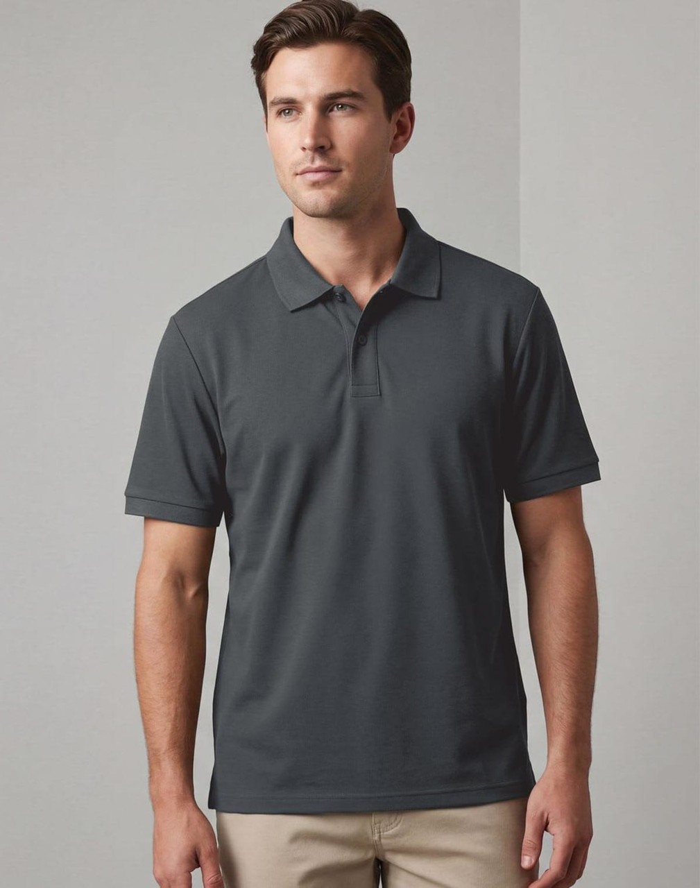 A men's short-sleeve polo shirt in dark grey, featuring a classic design and a logo on the chest.