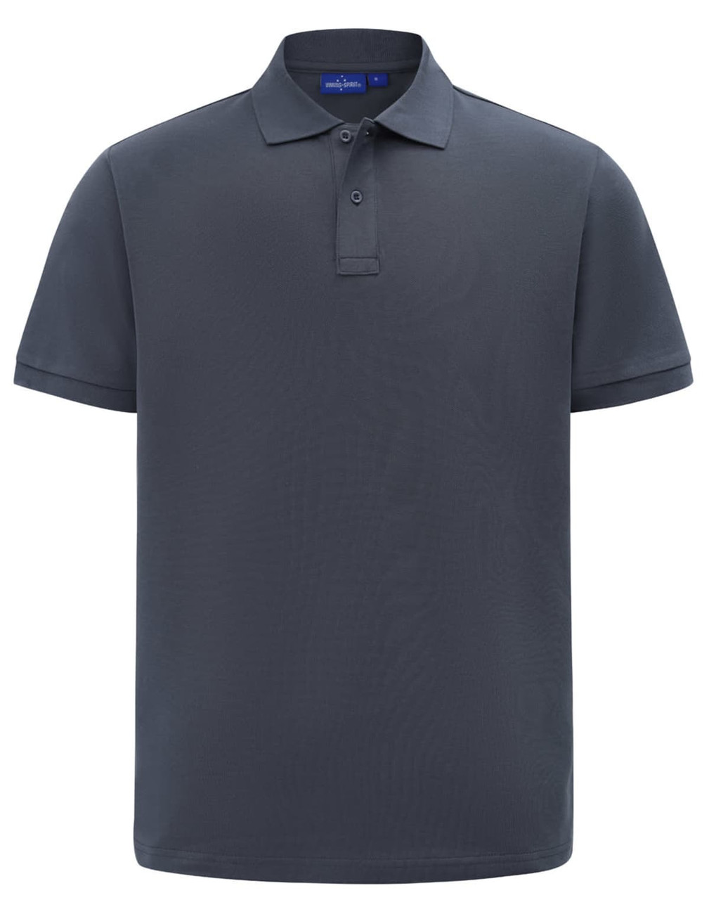 A men's short-sleeve polo in dark grey, made from cotton/poly pique fabric, featuring a branded logo.