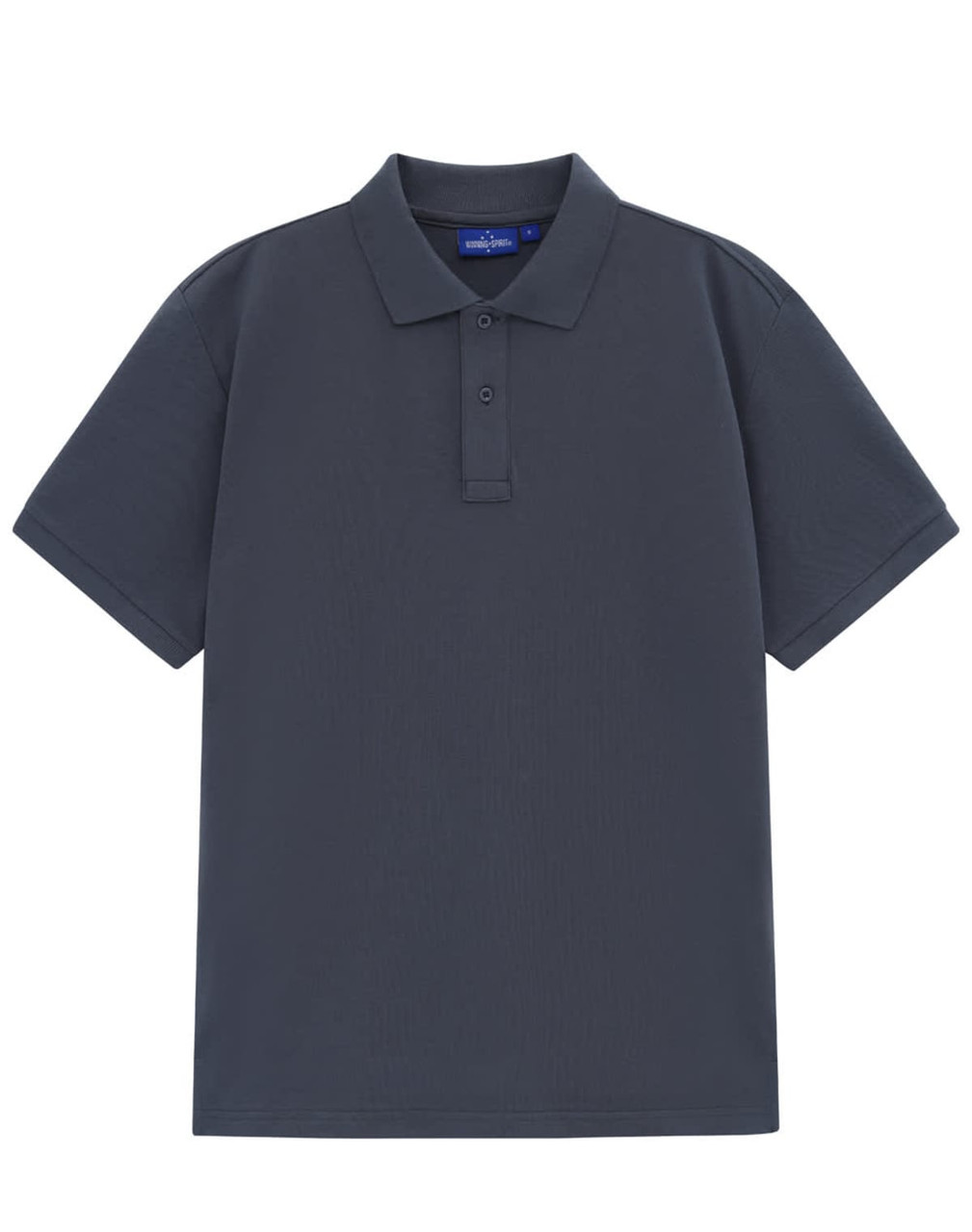 A men's short-sleeve polo in dark navy cotton/poly pique fabric, featuring a collar and three buttons.