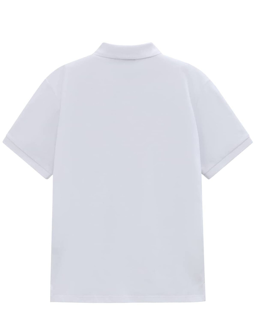 A plain white Men's Classic Cotton/Poly Pique short-sleeve polo shirt with a collar and a back logo.