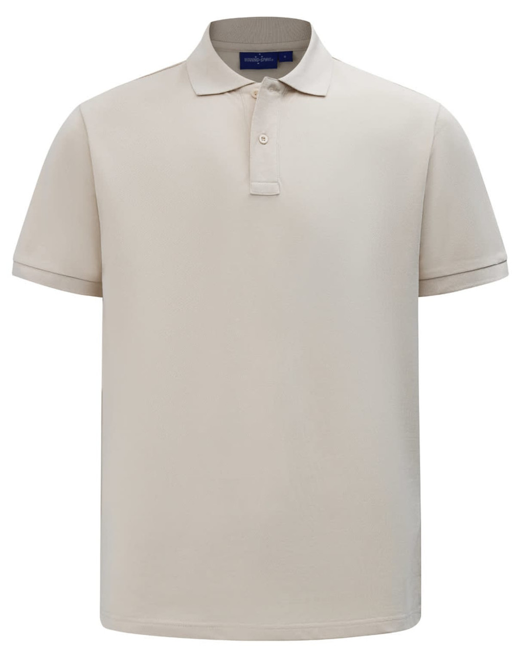 A men's classic short-sleeve polo in a light beige colour, featuring a collar and button placket. It has a logo on the chest.