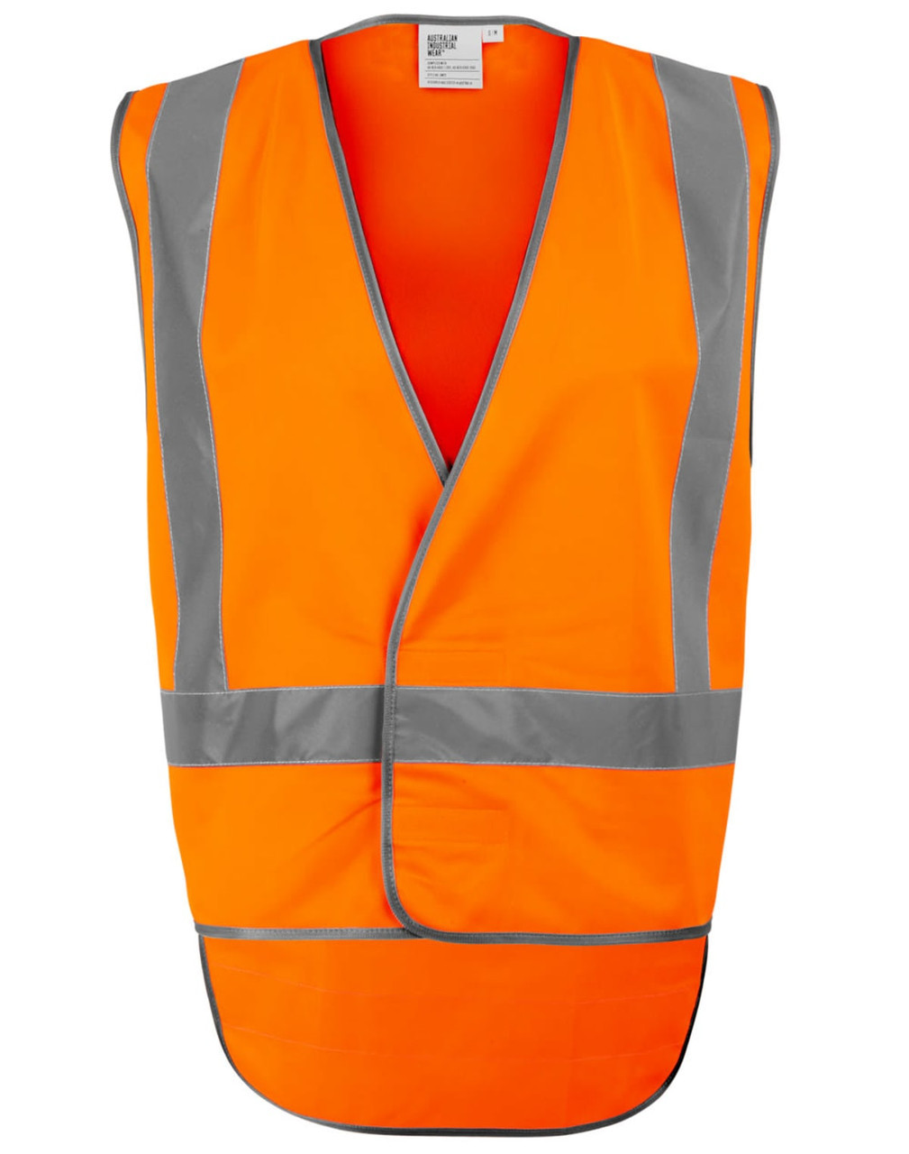 An orange safety vest featuring reflective stripes and a back tail design. It has a logo on it.