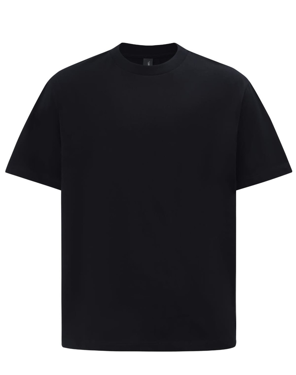 A black unisex heavy cotton oversized tee with a simple design and a logo on the front.