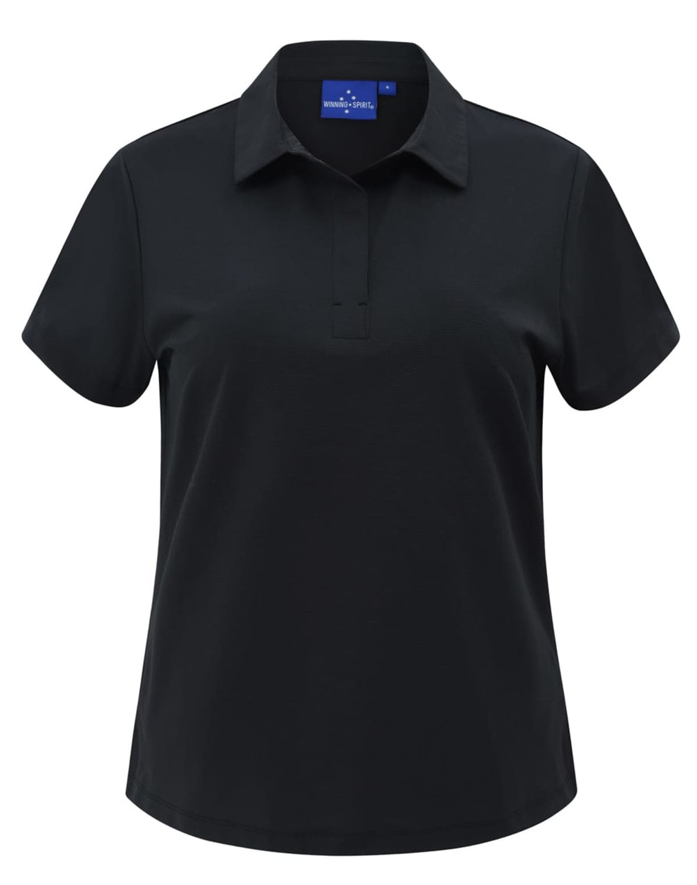 A black ladies' polo shirt with a stand-up collar, short sleeves, and a logo on the chest area.