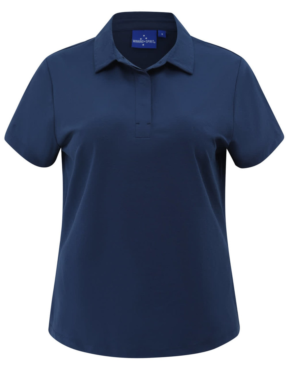 A navy high-performance polo shirt for women with a collar and short sleeves. Features a logo on the tag.