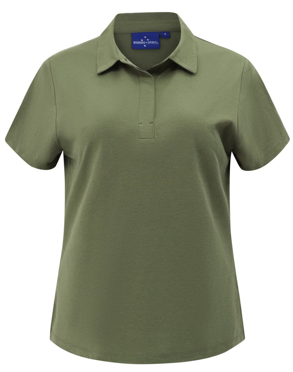 A ladies' high performance polo in olive green with a collar and short sleeves, featuring a logo on the upper side.