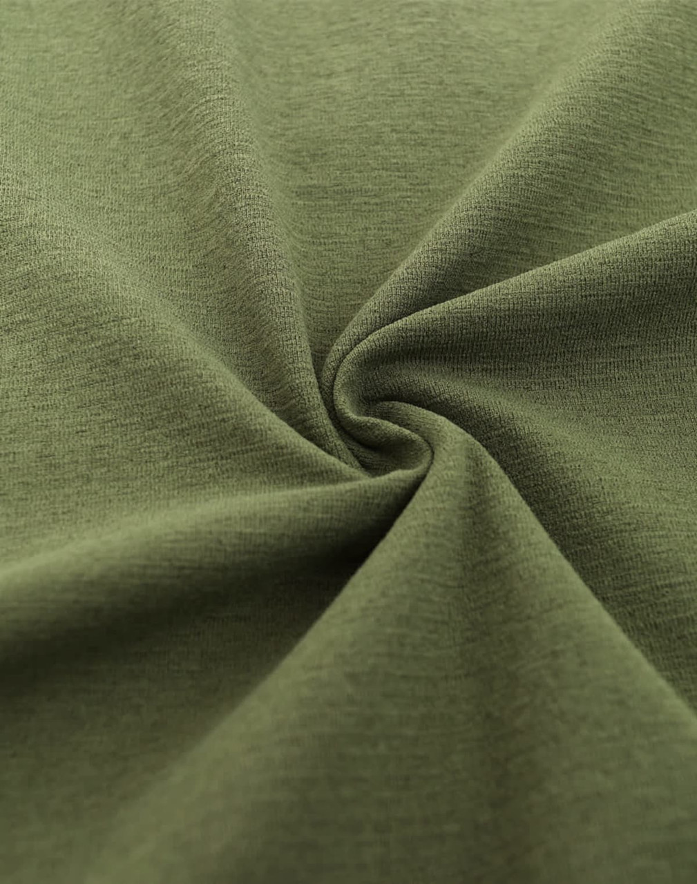 High-performance polo fabric in a muted olive green hue, featuring a smooth texture and a spiral pattern.