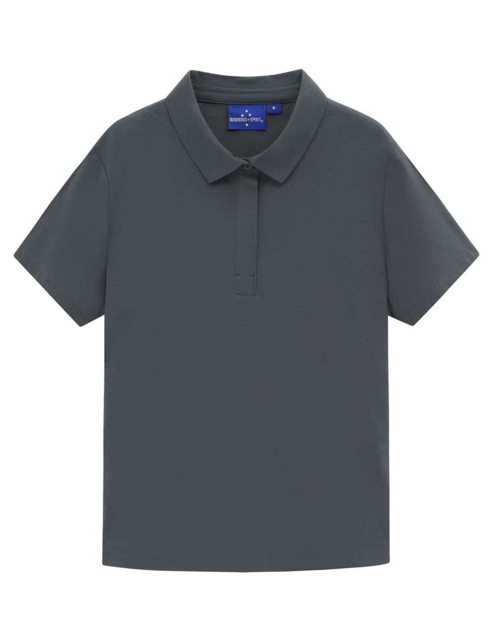 A grey high-performance polo shirt with a classic collar. It features a logo on the tag.