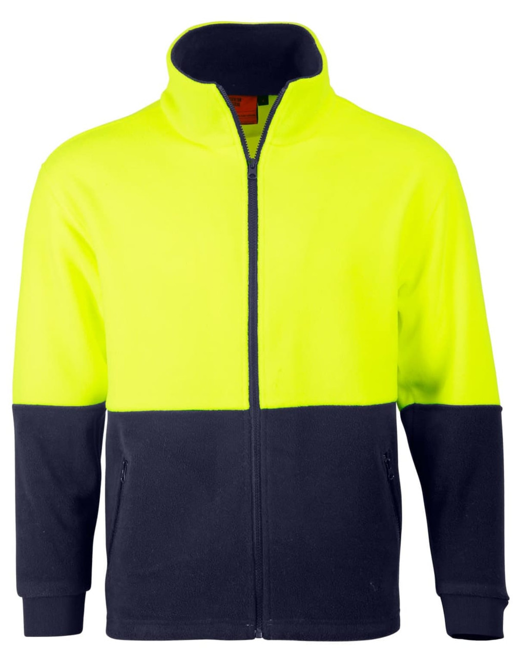 A Hi-Vis polar fleece full zip jacket in fluorescent yellow and navy, featuring a logo on the front.