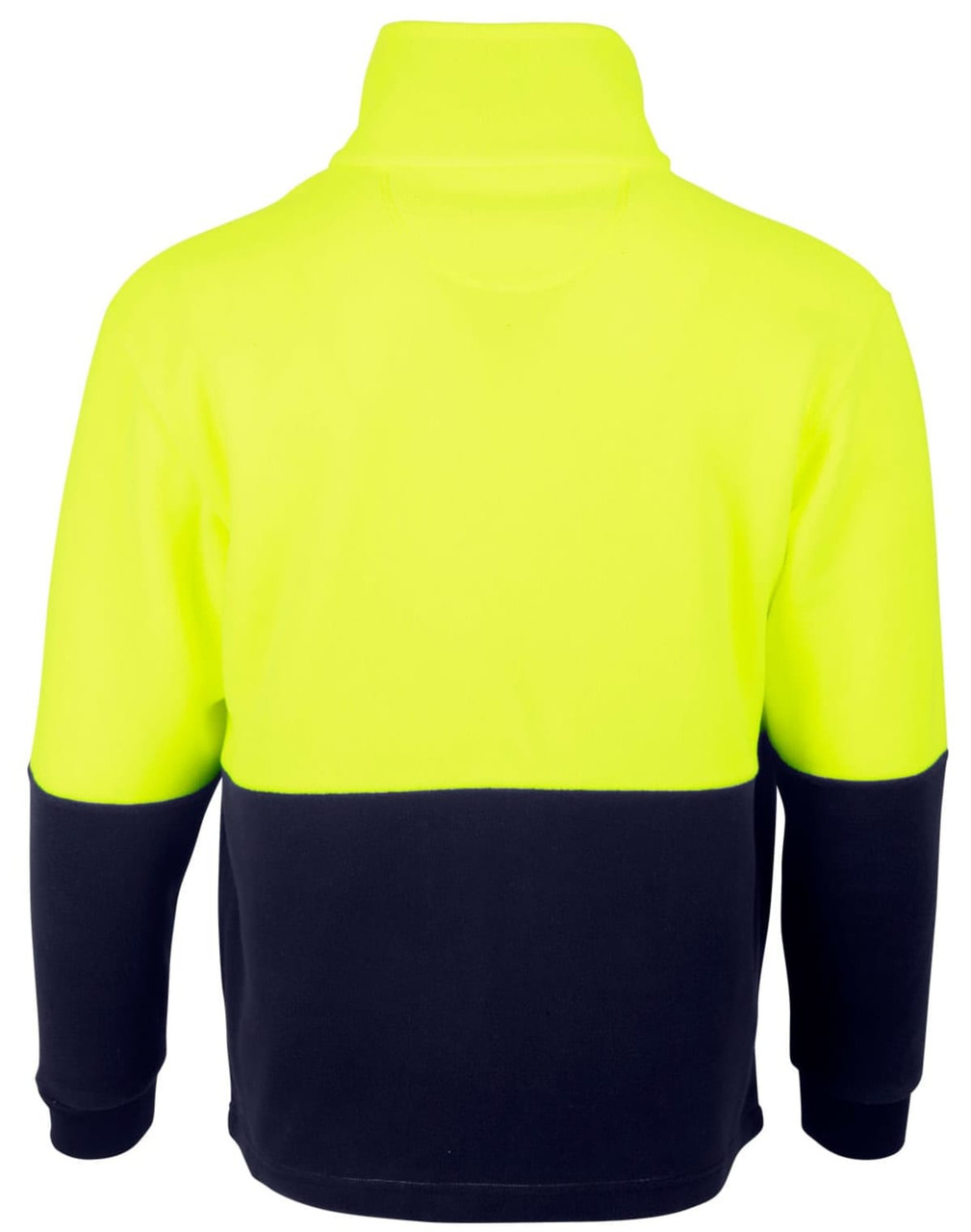 A Hi-Vis polar fleece full zip jacket in bright yellow and navy, featuring a branding logo on the back.