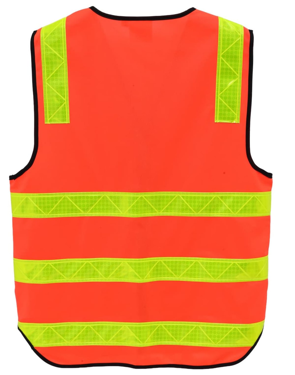 A high-visibility safety vest in bright orange with yellow reflective stripes, featuring a logo.