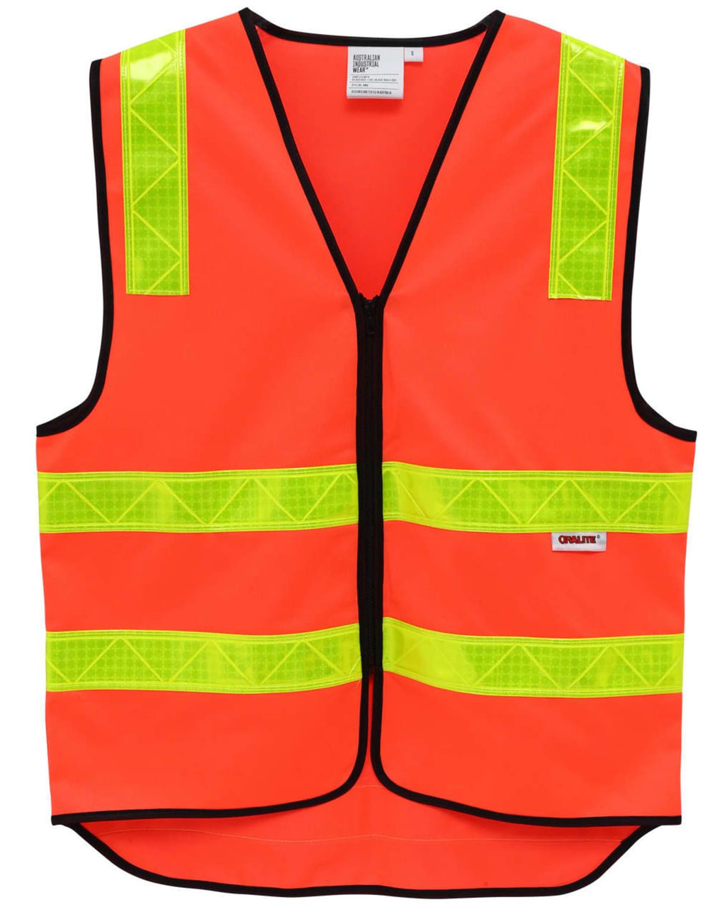 A high-visibility orange safety vest with reflective yellow stripes and black trim. It features a logo on the front.
