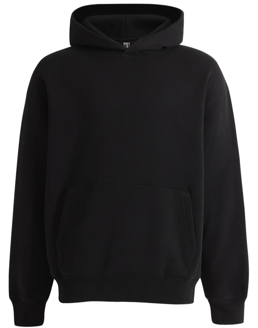 A black unisex premium fleece oversized hoodie with a front pocket and a hood. Features a logo.