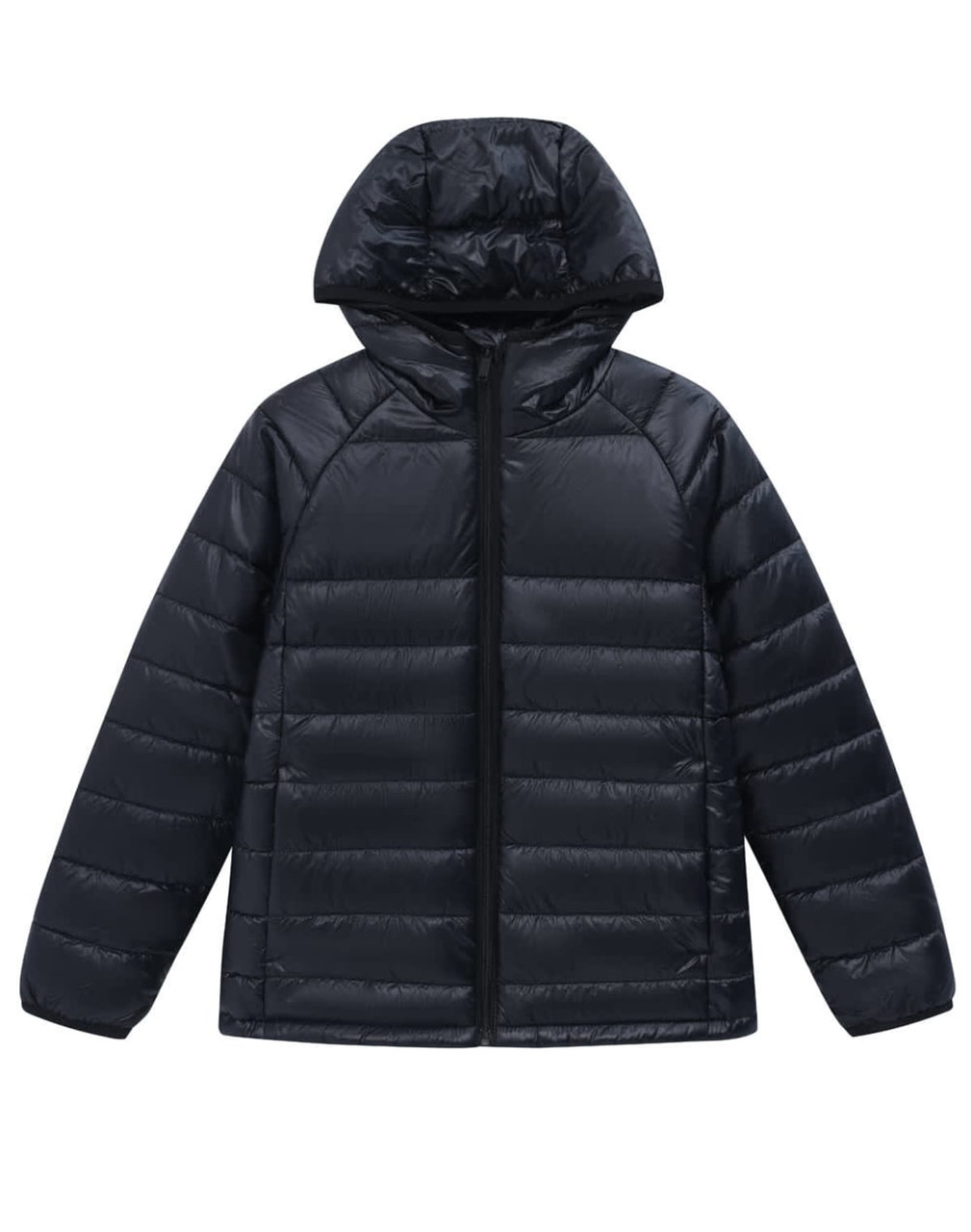 A black, lightweight hooded puffer jacket with a zip front and quilted design. It features a logo on the garment.