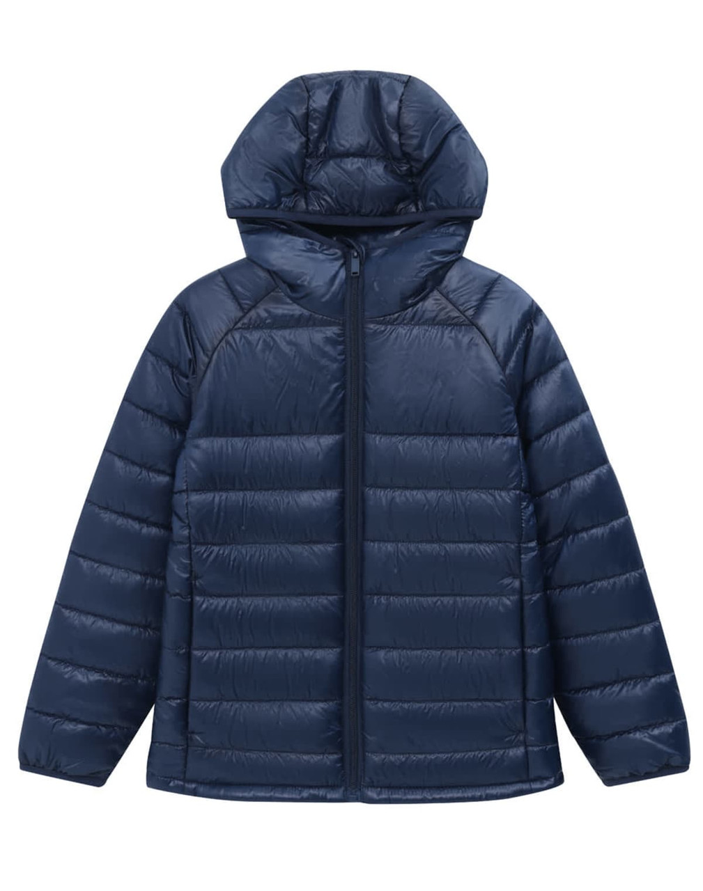 A navy blue lightweight hooded puffer jacket with quilted detailing and a zipper front. It features a logo on the sleeve.