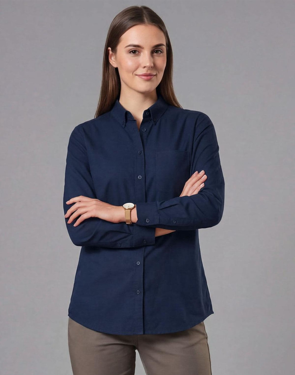 A navy blue long-sleeve cotton blend shirt for women, featuring a collared neckline and button-up front.
