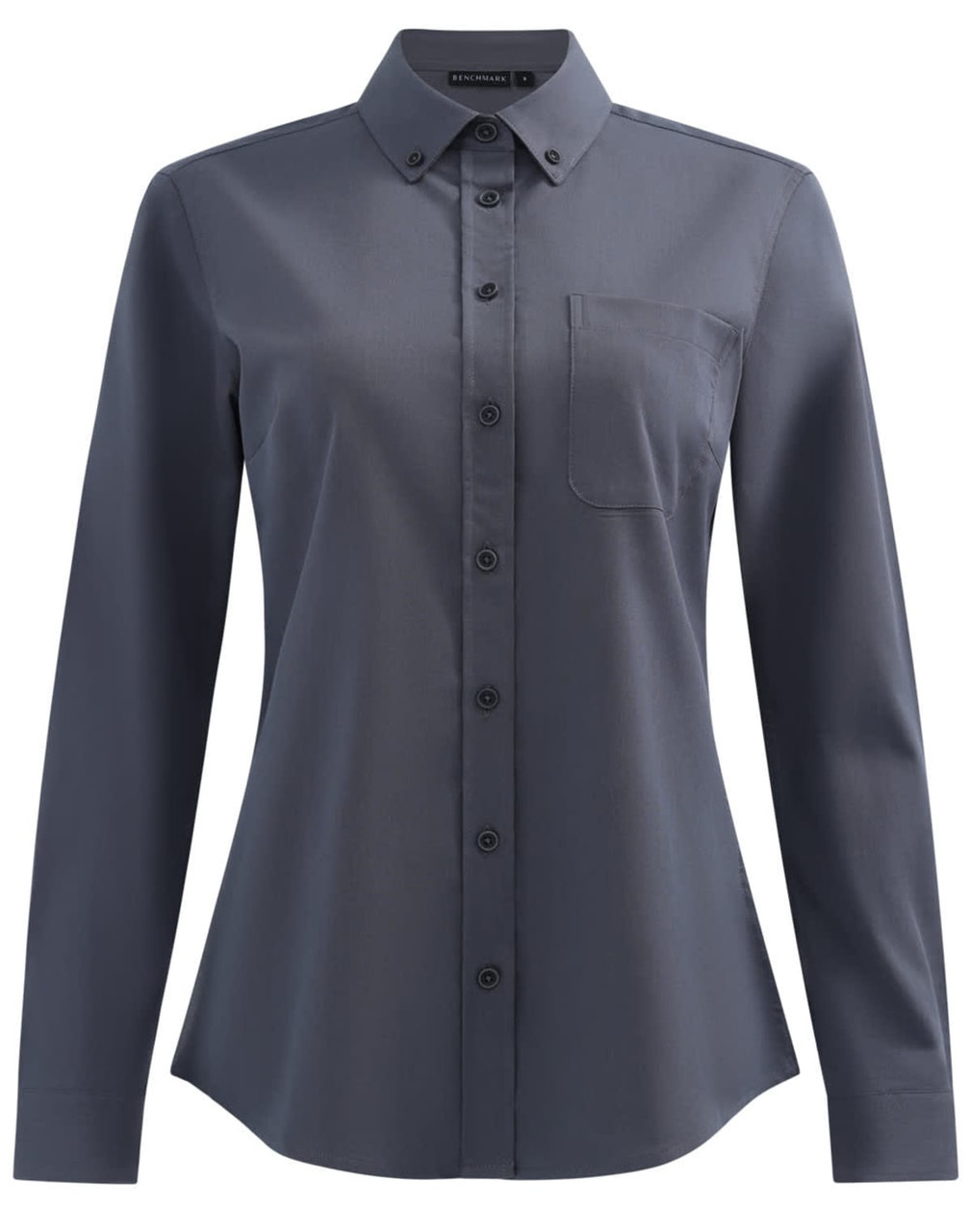 A ladies' smart casual long sleeve shirt in dark grey with a button-up front and a chest pocket. It has a subtle logo.