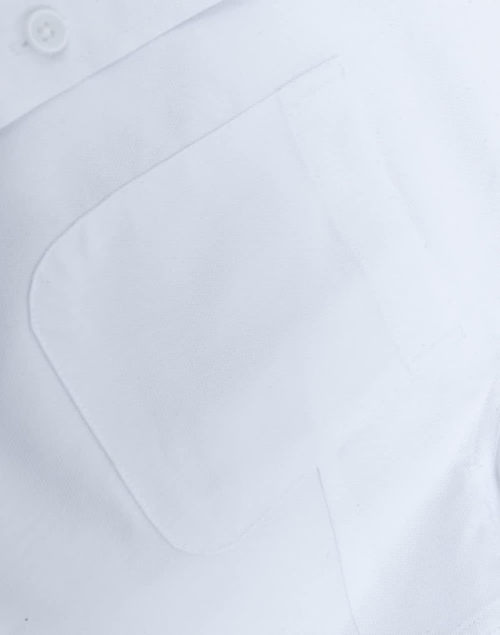 A white cotton blend long-sleeve shirt featuring a chest pocket and a button-up collar. It has a subtle branding logo.