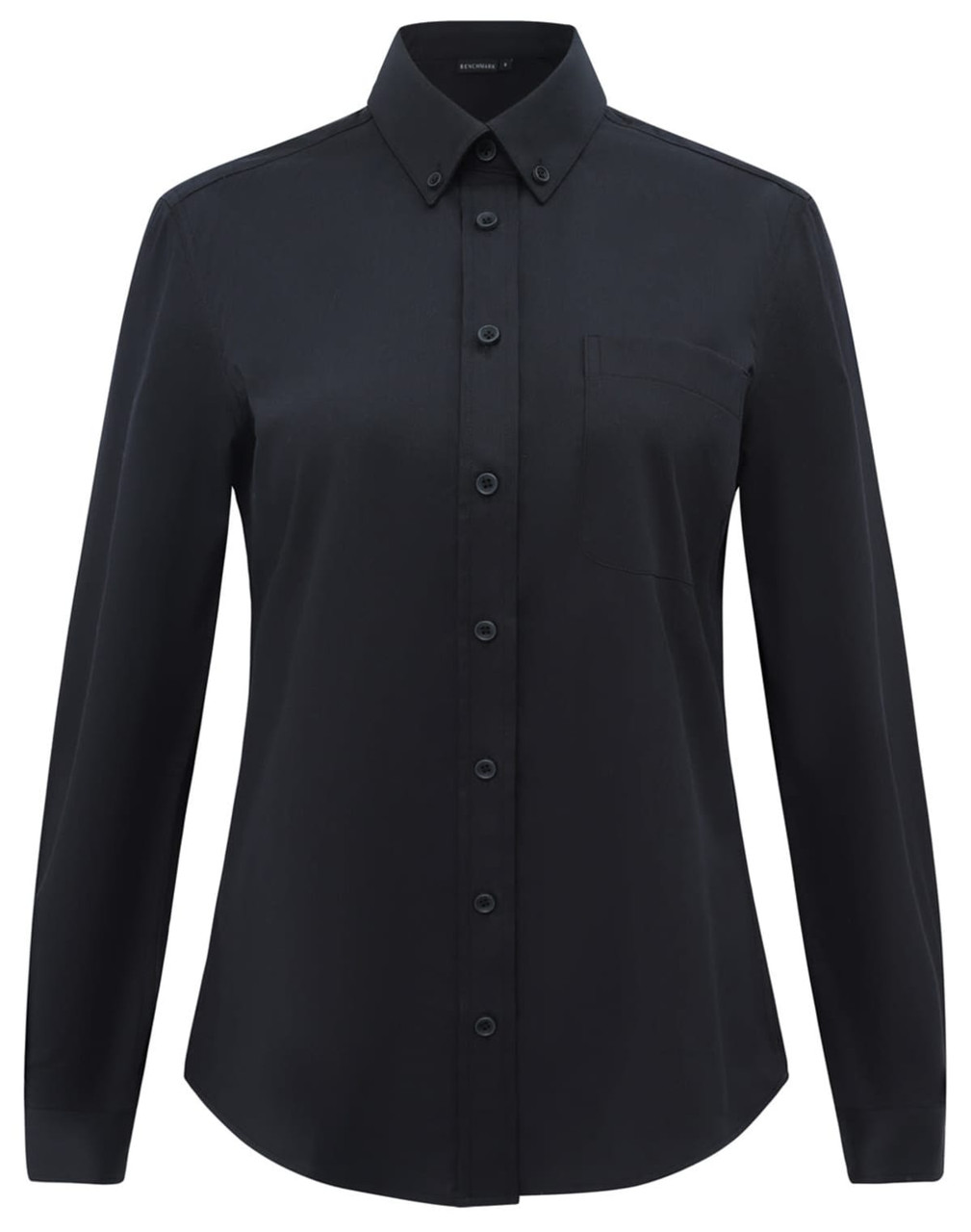 A black ladies' long-sleeve shirt featuring a button-up front and a chest pocket, with a logo on it.