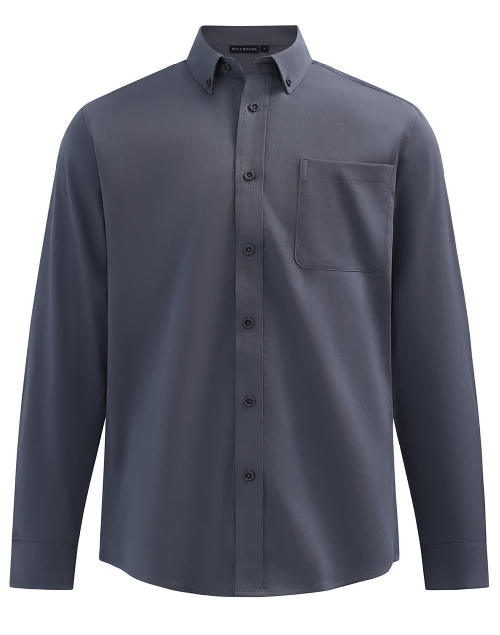 A men's smart casual long-sleeve shirt in a dark grey cotton blend, featuring a button-down collar and a chest pocket.
