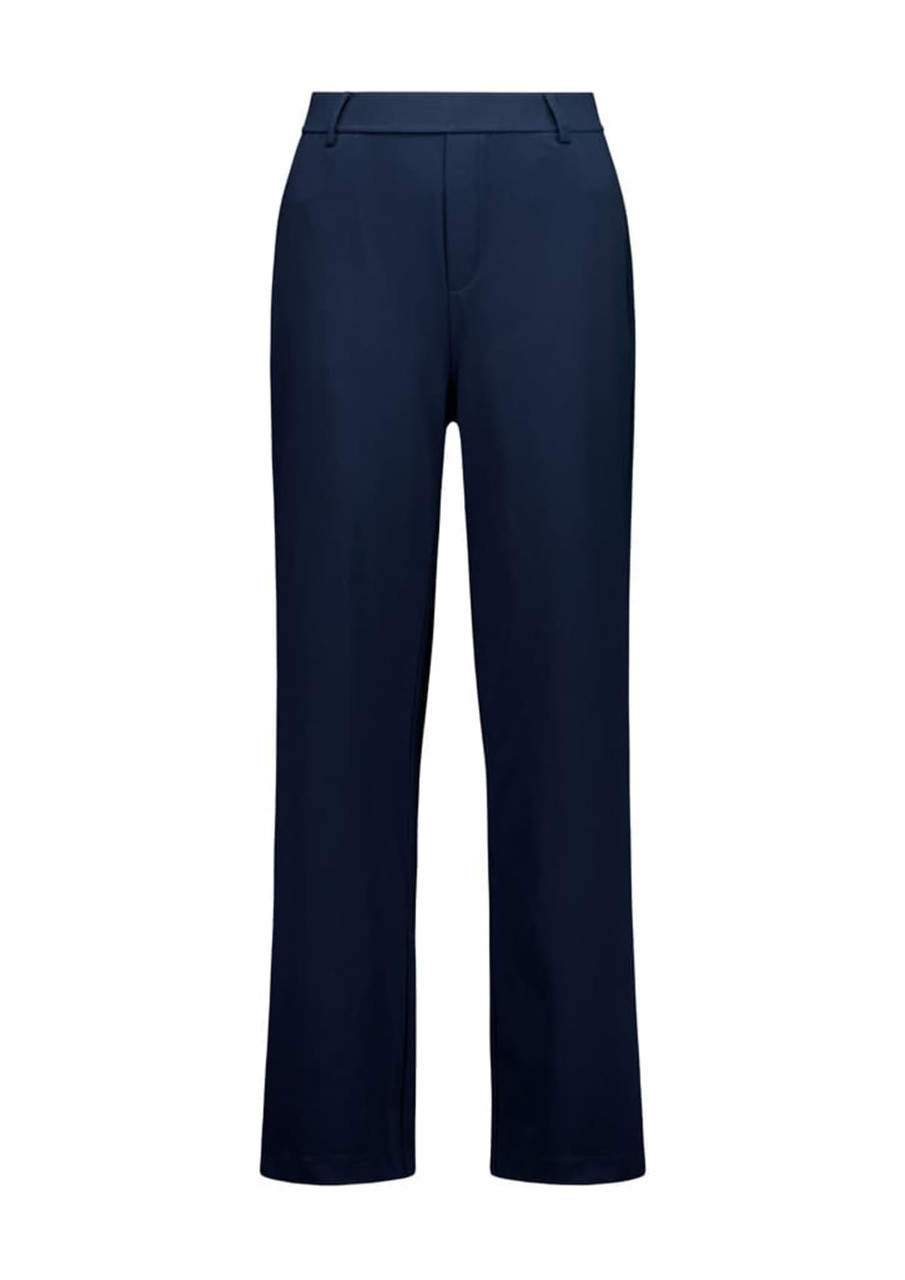 A pair of women's soft stretch pants in navy blue featuring a straight leg design. The garment has a logo.