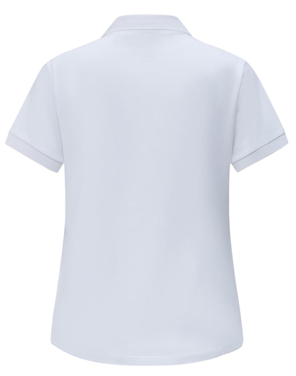 A white ladies ultrafine cotton pique polo shirt with short sleeves and a collar. Features a branding logo.