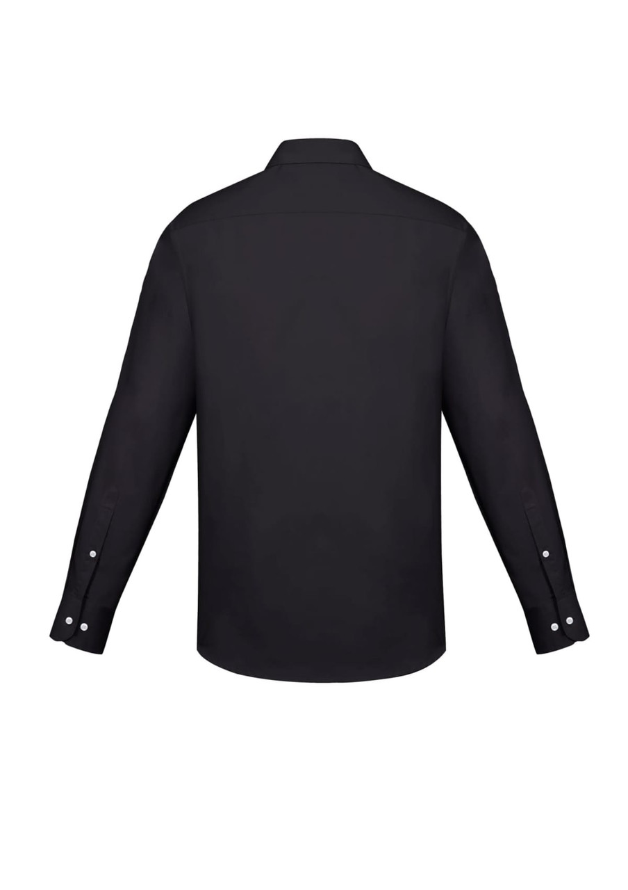 A black long sleeve button-up shirt featuring a slim fit design and a collar, with cuff details and branding.
