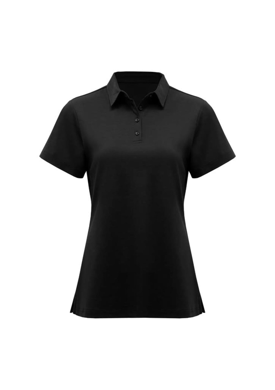 A women's short sleeve polo in black, featuring a collar and a button placket, with a logo on the chest.