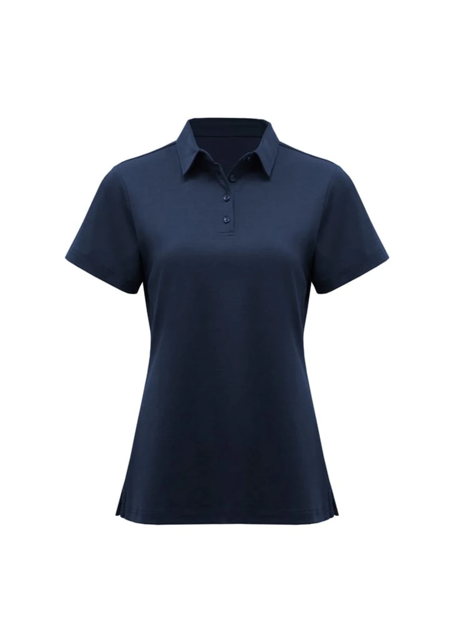 A navy women's short sleeve polo shirt with a classic collar and button placket, featuring a logo.
